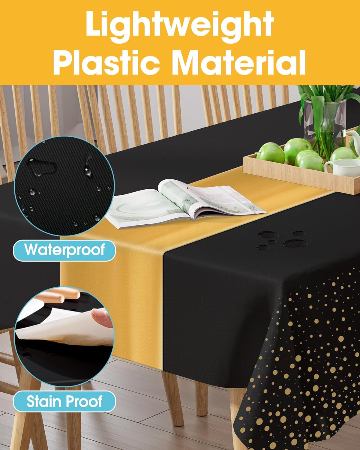 Niuara Table Cloth Set - Black and Gold Disposable Rectangle Table Cover & Runner | 3+3 Pack for Events