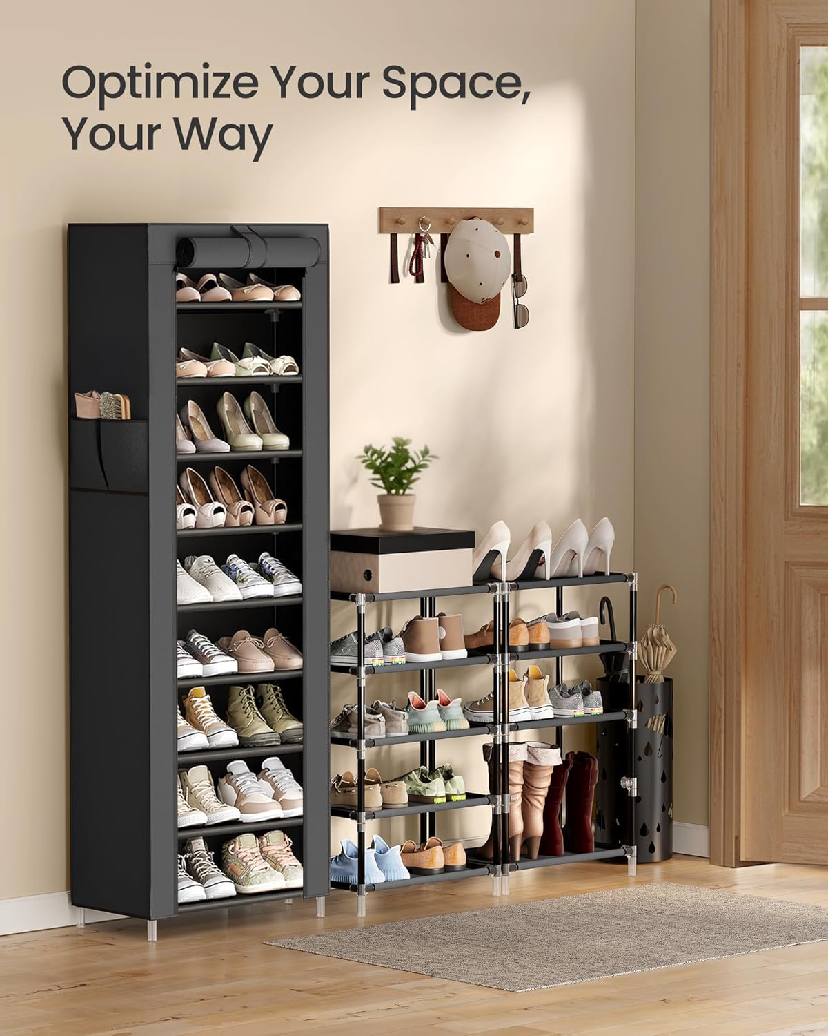 SONGMICS 10-Tier Shoe Rack - Dustproof Shoe Storage Cabinet | Holds 20 Pairs, Ideal for Sneakers & Heels, Black