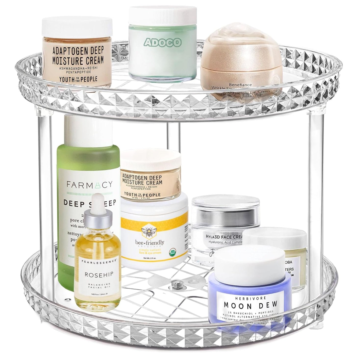 Skiennix 2-Tier Diamond Lazy Susan Bathroom Organizer - Clear 360° Rotating Makeup & Skincare Storage | 9.25 Inch