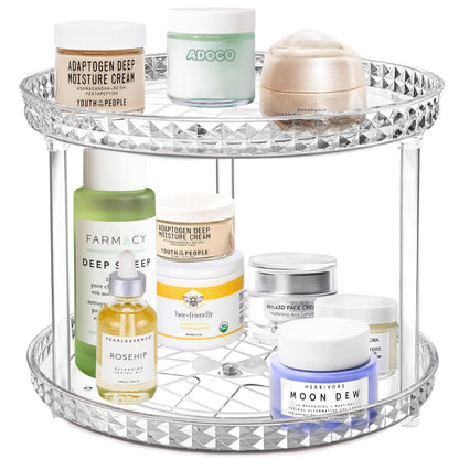 Skiennix 2-Tier Diamond Lazy Susan Bathroom Organizer - Clear 360° Rotating Makeup & Skincare Storage | 9.25 Inch