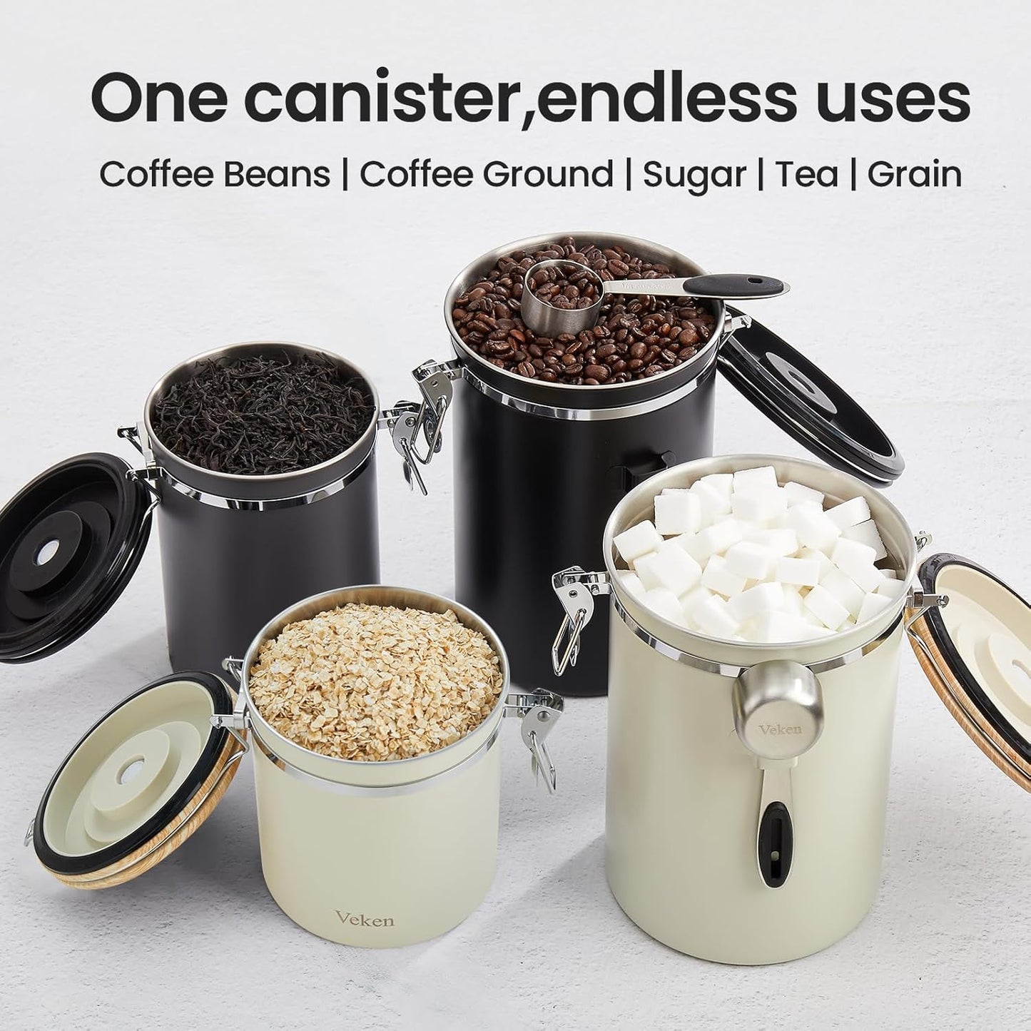 Veken Coffee Canister - Airtight Stainless Steel Storage Container with Date Tracker & Scoop | 16oz Cream