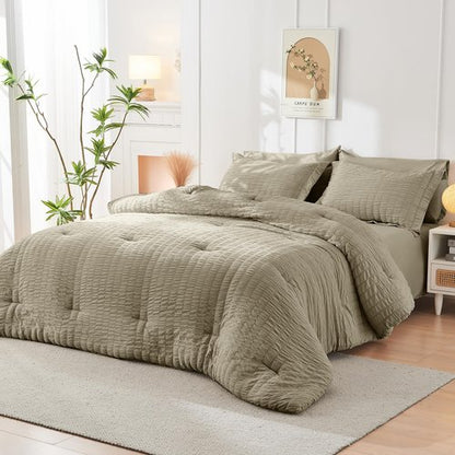 HYMOKEGE Linen Twin XL Comforter Set Seersucker 5 Pieces, All Season Luxury Bed in a Bag for Bedroom, Bedding Set with Comforter, Sheets, Pillowcase & Sham