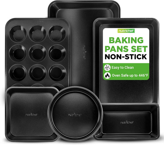 NutriChef Non-Stick Baking Pan Set - Stackable Carbon Steel Bakeware with Cookie Sheet, Muffin & Loaf Pan, Oven & Dishwasher Safe