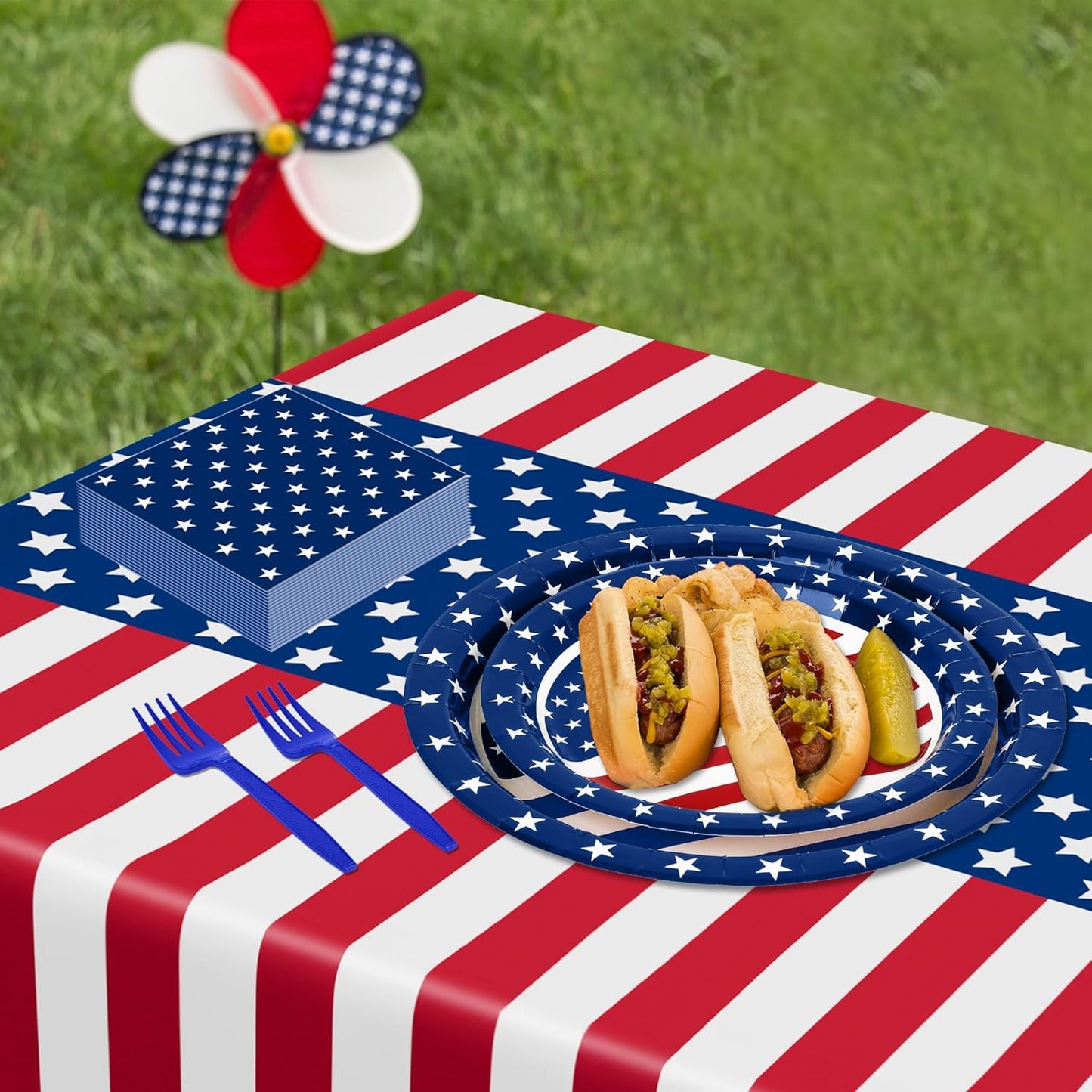 QZYL 122 PCS Fourth of July Decorations - Patriotic Plates, Napkins & Tableware Set | American Flag Design