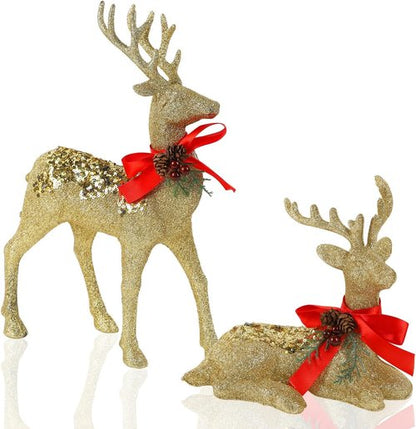 Juegoal Glitter Golden Reindeer Figurines - Set of 2 Christmas Tabletop Decorations | 12.6" Plastic Ornaments
