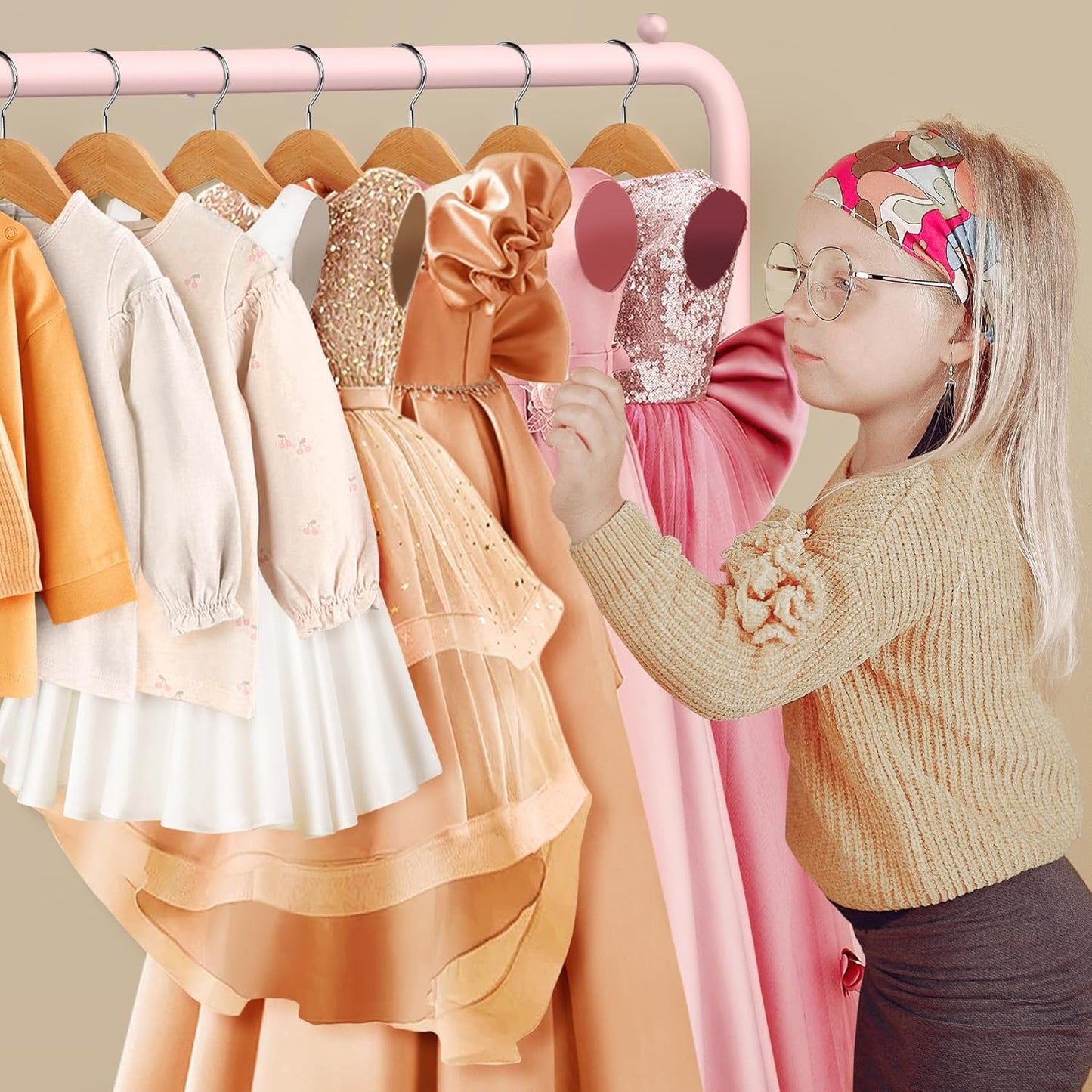 Mirolam Kids Clothing Rack - Dress Up Storage for Little Girls - Small Costume Wardrobe with 2 Fabric Shelves | Princess Room Decor