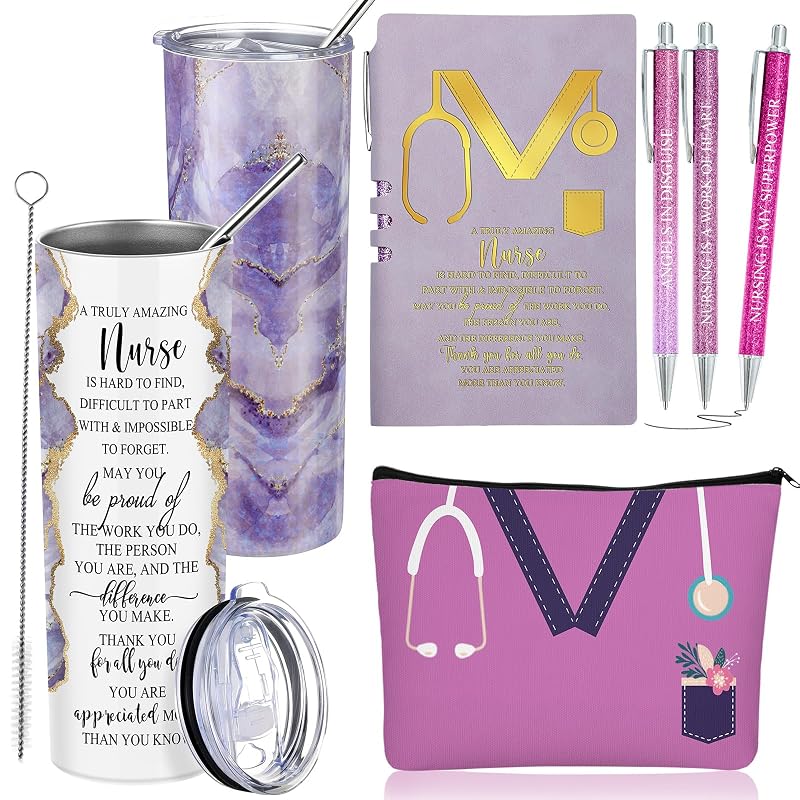 Nurse Gift Set 20 Oz Marble Tumbler, Makeup Bag & Notepad - Purple (Variation: Purple)