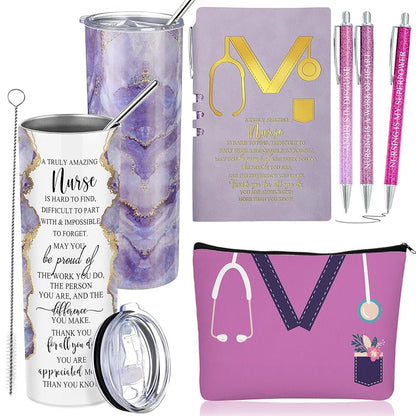 Nurse Gift Set 20 Oz Marble Tumbler, Makeup Bag & Notepad - Purple (Variation: Purple)