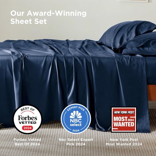 Bedsure King Size Cooling Sheets Set - Breathable Rayon from Bamboo, Soft & Luxurious, Deep Pocket Navy