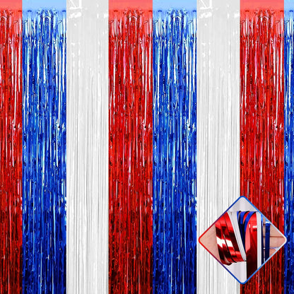 Regine Switzerland Foil Fringe Curtain Backdrop - 4 Pack Red, Blue & White Tinsel Streamers | 3.2Ft x 9.8Ft for Parties & Events