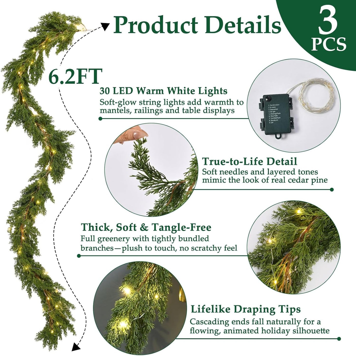 Skiennix 6.2FT Christmas Garland - Lush Greenery with Lights | Real Touch Cedar & Soft Pine Branches for Indoor/Outdoor Decor