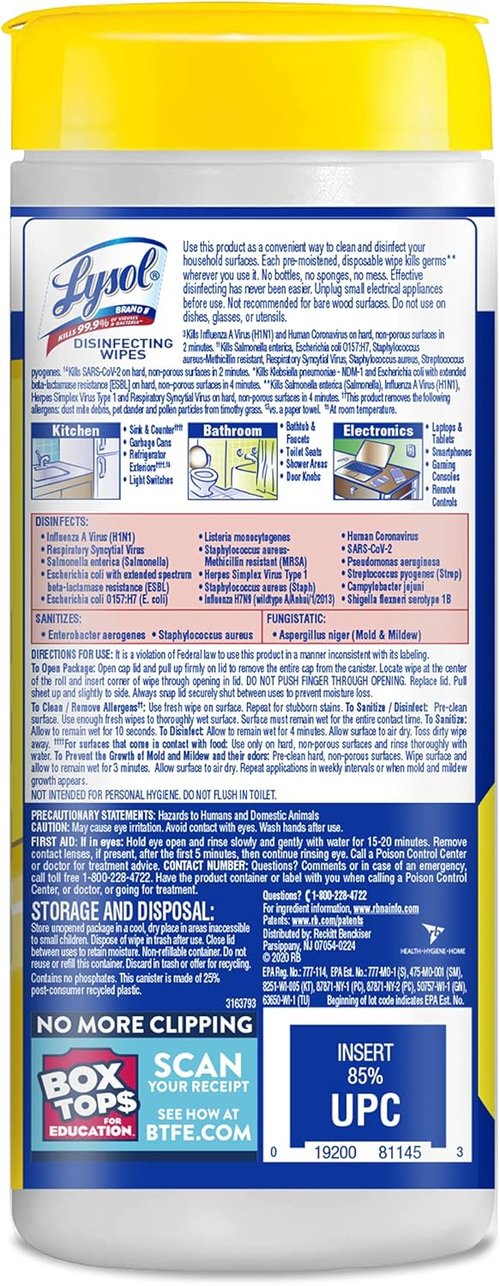 Lysol Disinfectant Wipes - Multi-Surface Antibacterial Cleaning - Lemon & Lime Blossom, 105 Count (Pack of 3)