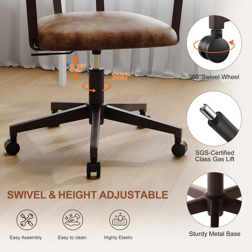 BFZ Mid Century Modern Home Office Chair, Faux Leather Rolling Swivel Desk Chair with Walnut Back, Adjustable Height Computer Task Armrests Chair for Home Office, Brown