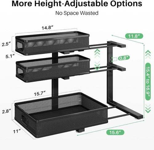 Kitstorack Under Sink Organizer - 2-Pack Adjustable Metal Cabinet Shelf | Slide-Out Storage for Bathroom & Kitchen