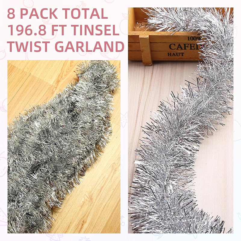 Ohiyoo 200 ft Silver Tinsel Garland Wall Hanging Streamers for Christmas Party Decoration - 8 x 24.6 ft