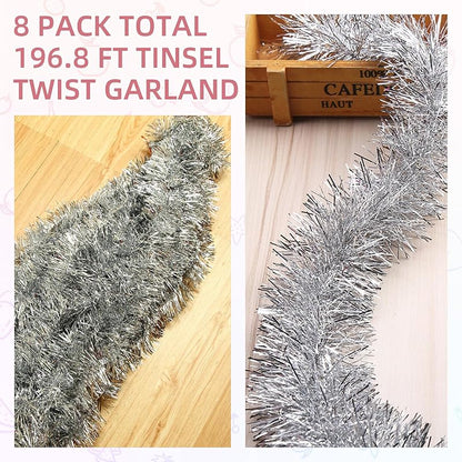 Ohiyoo 200 ft Silver Tinsel Garland Wall Hanging Streamers for Christmas Party Decoration - 8 x 24.6 ft