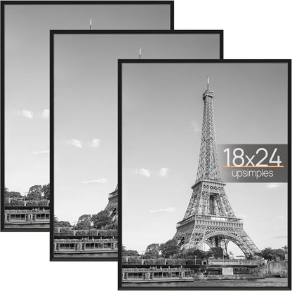 Upsimples 18x24 Picture Frame - Scratch-Proof Black Poster Frames for Photo Gallery | 3-Pack, Slide-In Design