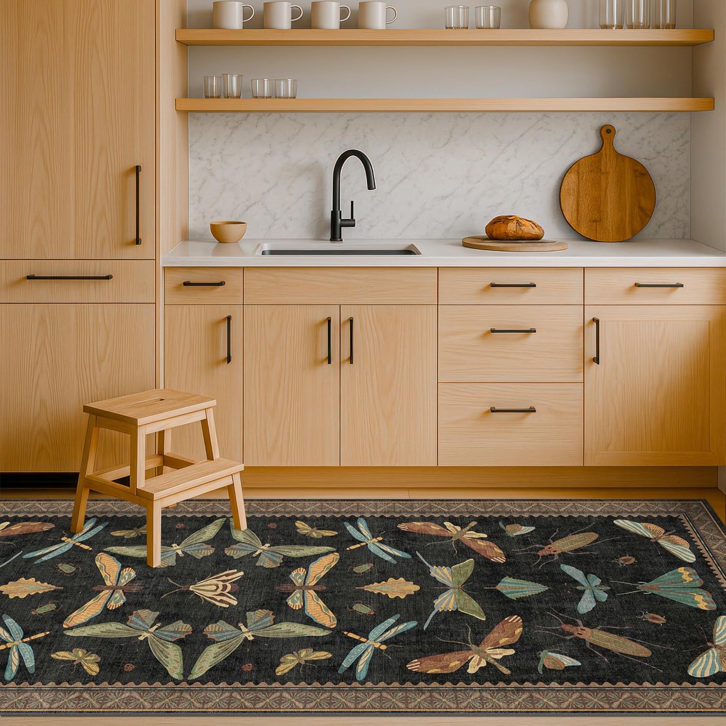 Nature Insect Fantasy | 2x6 Black Entryway Runner Rug - Washable, Non-Slip, Ultra Soft & Stain Resistant