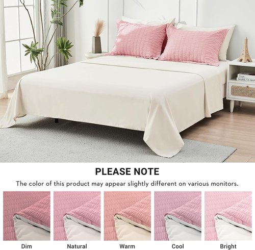 HYMOKEGE Queen Comforter Set - Luxurious 7-Piece Seersucker Bedding in Pink/Ivory for All Seasons