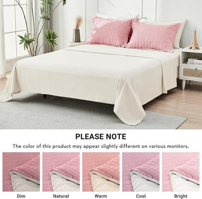 HYMOKEGE Queen Comforter Set - Luxurious 7-Piece Seersucker Bedding in Pink/Ivory for All Seasons