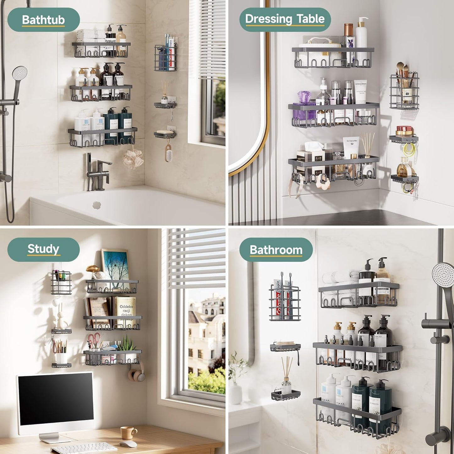 Veken Shower Caddy - Rustproof & Waterproof 6-Pack | No Drilling Adhesive Shelves, Large Capacity Storage, Dark Grey