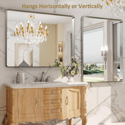 LOAAO 48X36 Inch Brushed Nickel Bathroom Mirror, Rounded Rectangle Silver Metal Frame Mirror, Brushed Nickel, Anti-Rust, Shatter Proof, Hangs Horizontally or Vertically