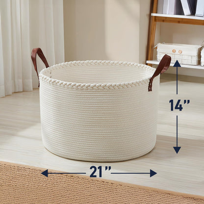 Organizix XLarge Round Cotton Rope Storage Basket Bin Organizer Laundry Hamper with Leather Handles, 21 x 21 x 14, Extra Large Blanket Woven Basket for Nursery - Cream