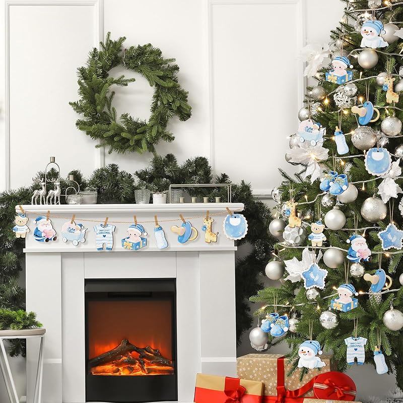 Baby's First Christmas Ornaments 24 Pcs Wooden Keepsake - Blue Boy, 12 Styles (Variation: Boy)
