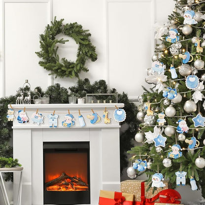 Baby's First Christmas Ornaments 24 Pcs Wooden Keepsake - Blue Boy, 12 Styles (Variation: Boy)
