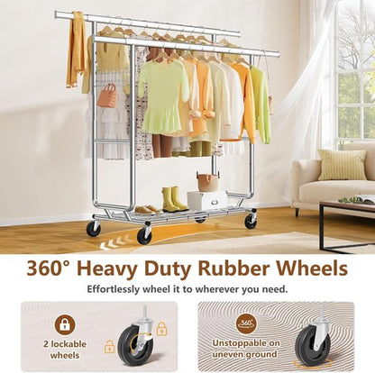 Hoctieon Heavy-Duty Double Rod Clothes Rack - 2-Minute Assembly, Adjustable Metal Pole with Wheels, Chrome