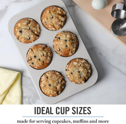 Martha Stewart Gallen 6-Cup Muffin Pan - Nonstick Carbon Steel Bakeware for Easy Release & Even Baking - Cool Grey