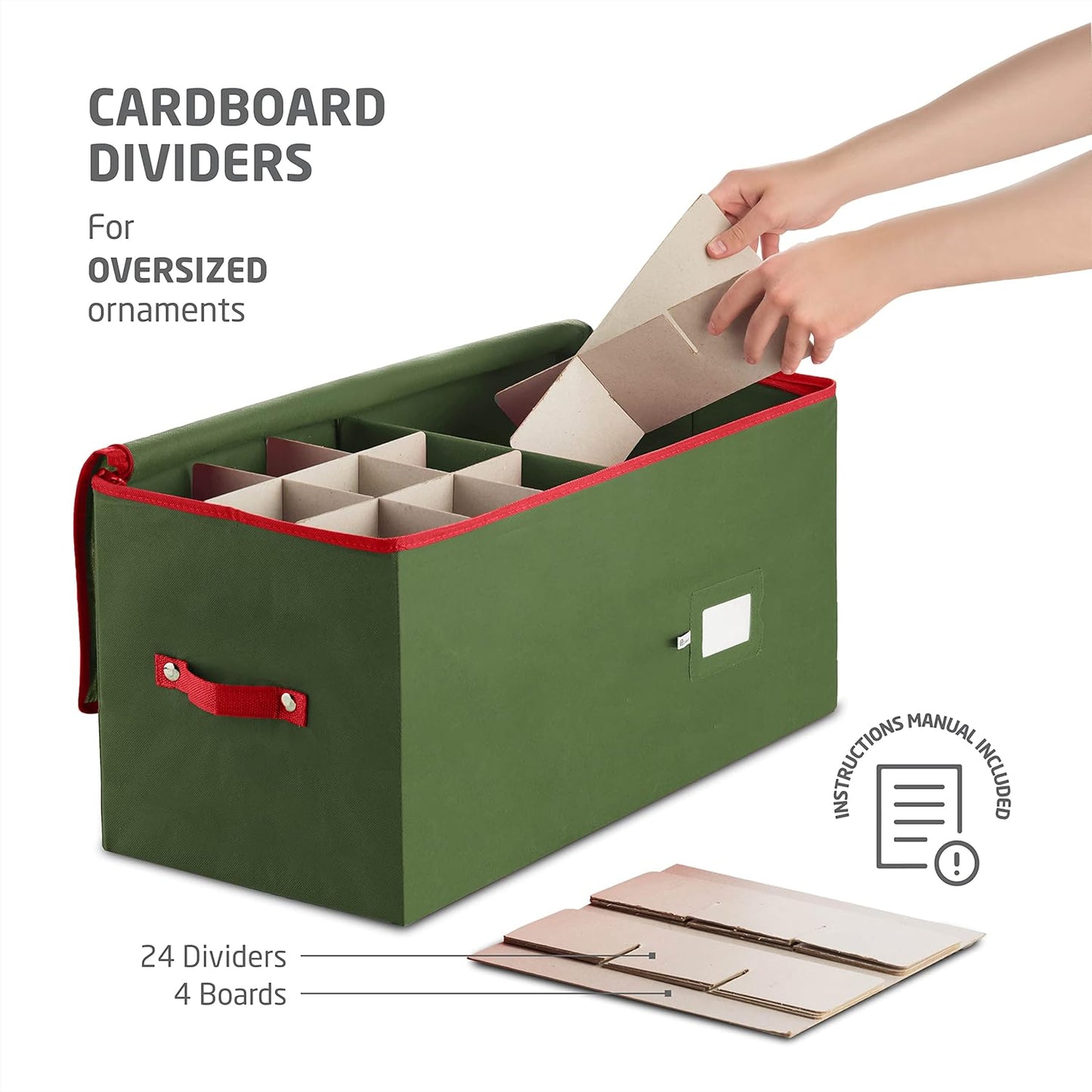 ZOBER Large Christmas Ornament Storage Box - Organize 54 4" Ornaments with Dividers - Durable Green Container