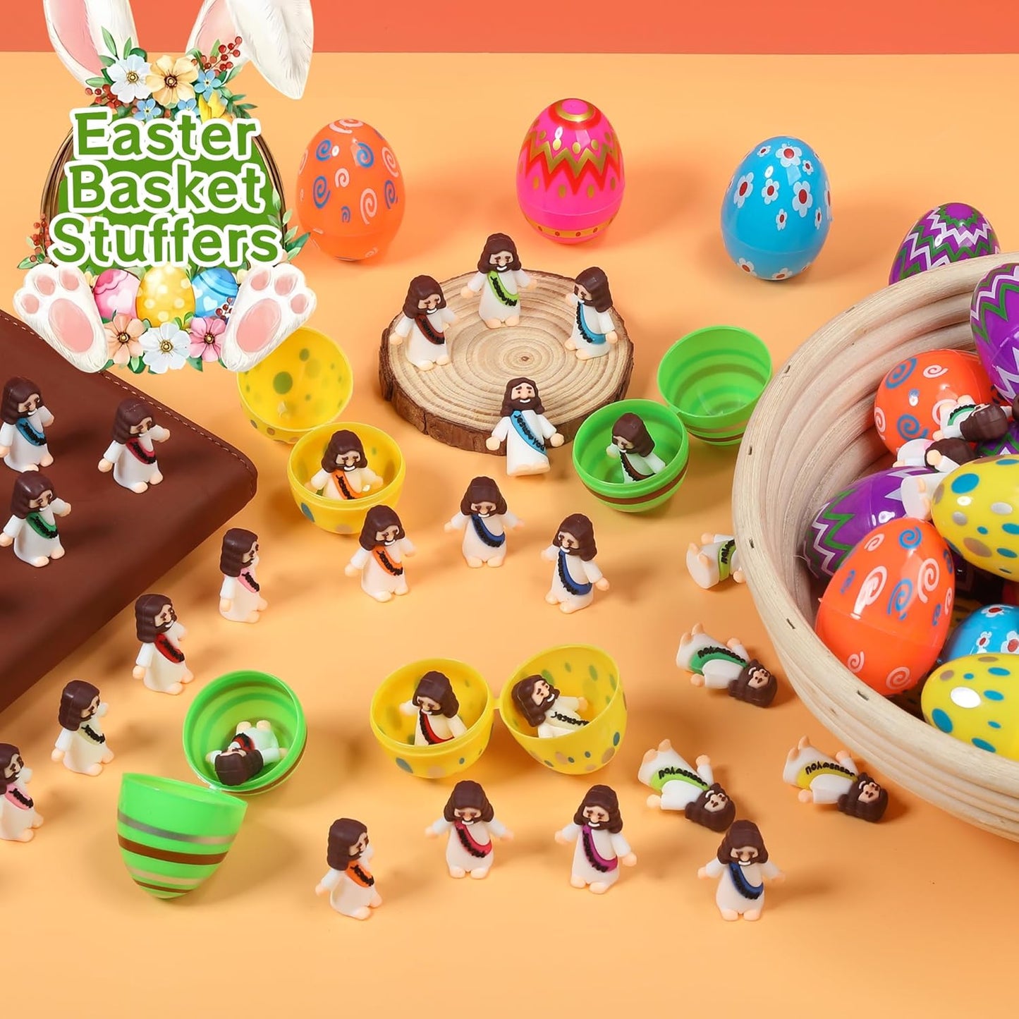 Religious Easter Basket Stuffers - 60 PCS Jesus Figurines & Colorful Eggs for Kids' Egg Hunt