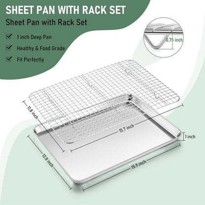 Homikit Baking Sheet Set - 16" x 12" Stainless Steel Cookie Pan with Cooling Rack | Nonstick & Dishwasher Safe