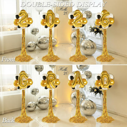2026 Graduation Balloon Columns Kit - Set of 4 Stands with Gold Fringe Curtain for Party Decor