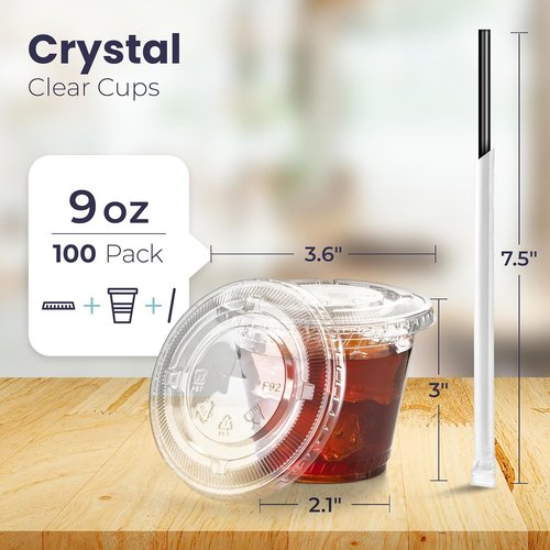 Fit Meal Prep 9 oz Plastic Iced Coffee Cups - 100 Pack with Flat Lids & Straws | BPA-Free for Smoothies & Cold Drinks