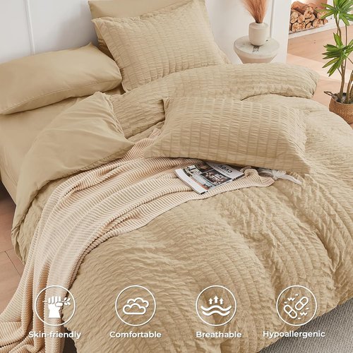 HYMOKEGE Twin Comforter Set - All Season Luxury 5-Piece Seersucker Bedding in Khaki