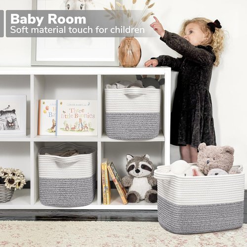 Goodpick Woven Storage Basket - Cotton Rope Organizer with Handles | Small Laundry Bin, 13''x10''x9'', Gray & White