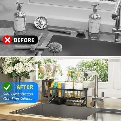 Cisily Kitchen Sink Caddy - Rustproof Sponge Holder with Brush Storage & Self-Draining Tray