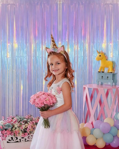 Iridescent Purple Party Streamers - 2 Pack Neon Holographic Tinsel Backdrop | 3.31 x 6.6 ft for Events
