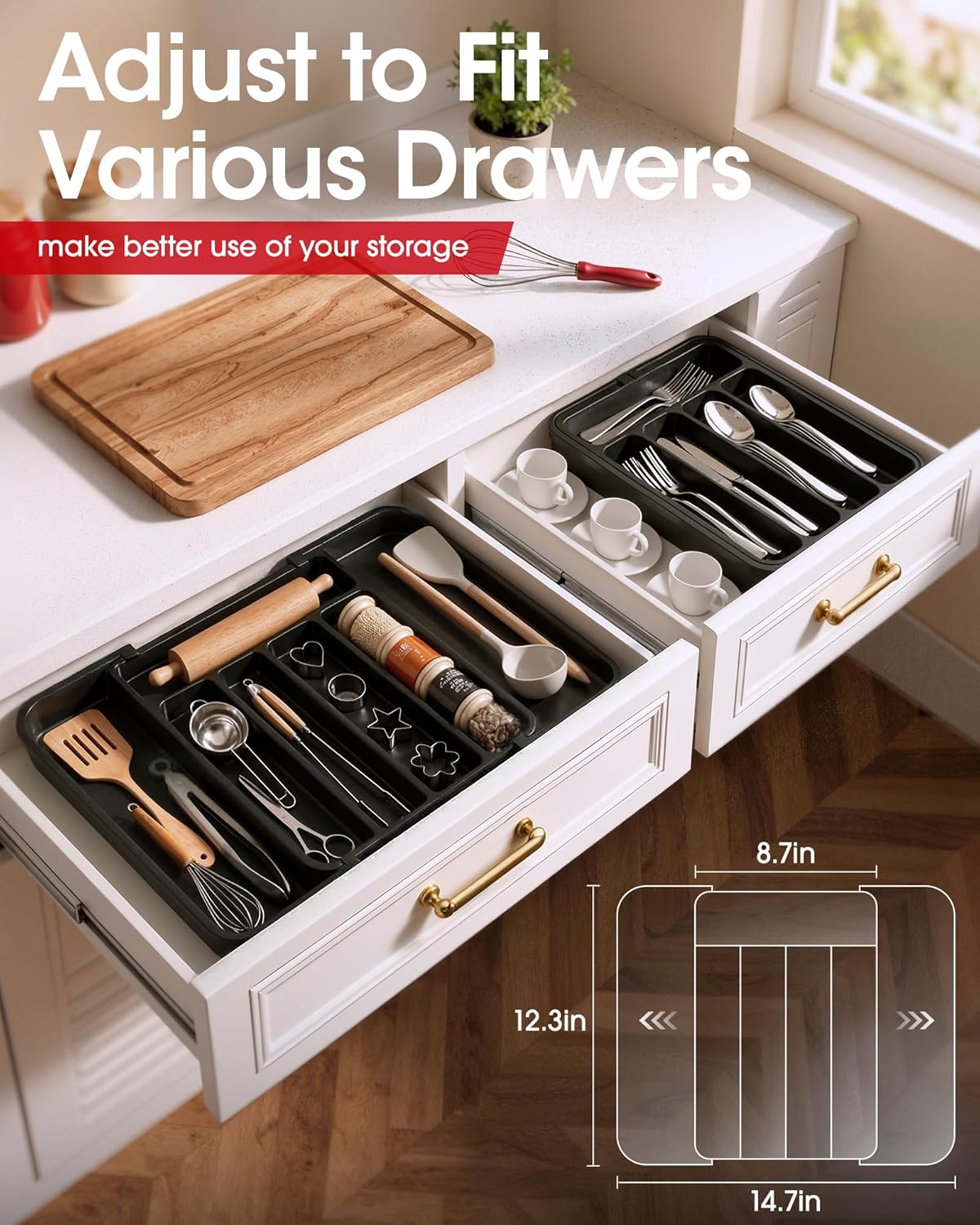 Aujen Silverware Organizer - Expandable Utensil Tray for Forks & Knives | Adjustable Kitchen Storage, Black, Medium