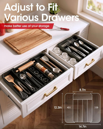 Aujen Silverware Organizer - Expandable Utensil Tray for Forks & Knives | Adjustable Kitchen Storage, Black, Medium