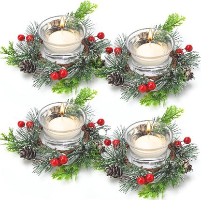 Dingion 12-Piece Christmas Votive Candle Holder Set - Decorative Glass Tealight Holders with Berry Rings for Holiday Table Centerpiece