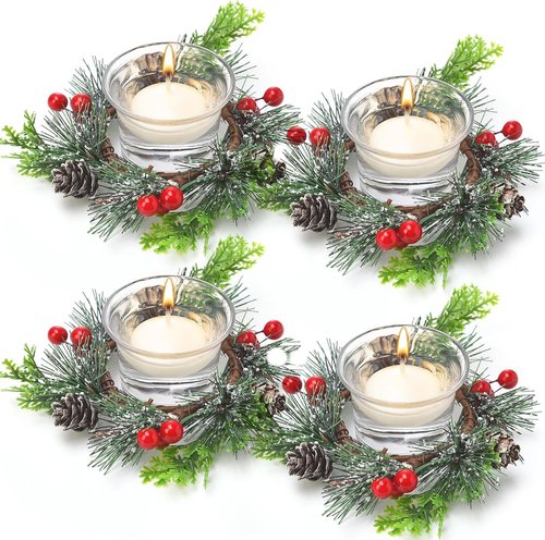 Dingion 12-Piece Christmas Votive Candle Holder Set - Decorative Glass Tealight Holders with Berry Rings for Holiday Table Centerpiece