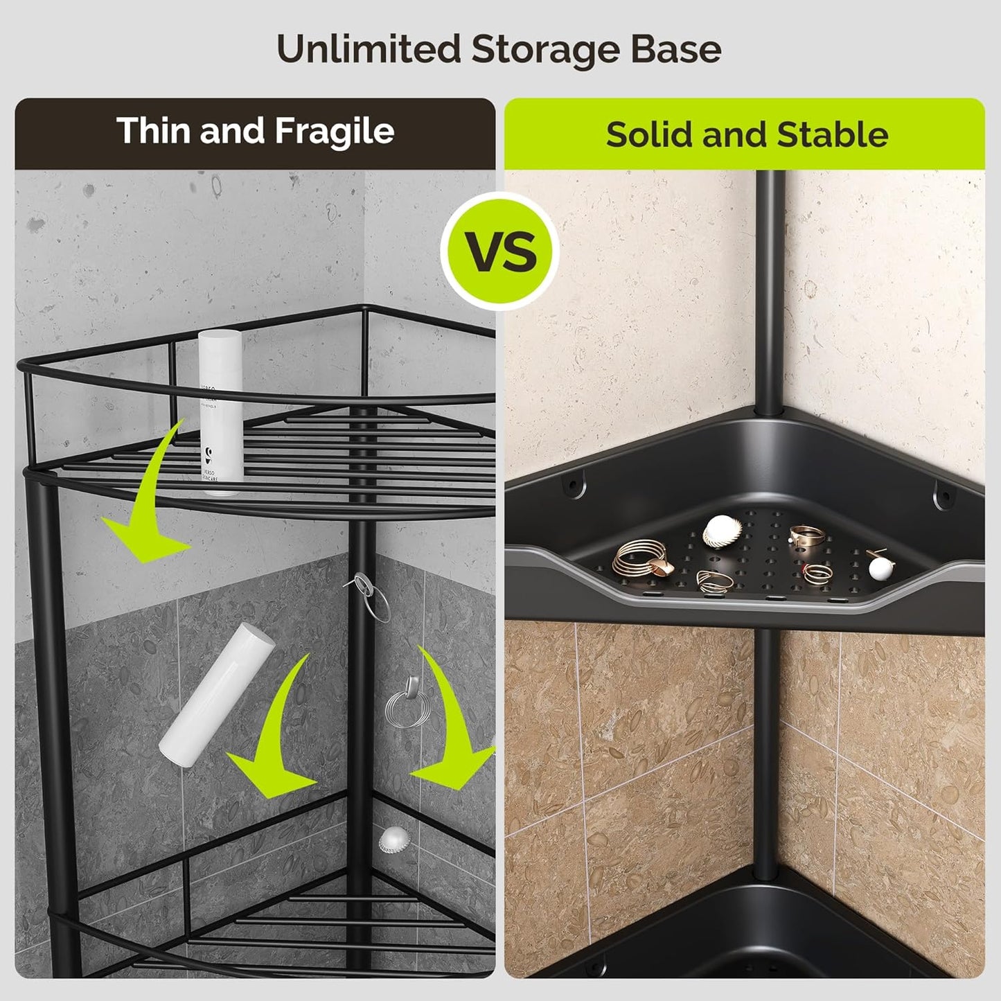 Orimade Rustproof 4-Tier Corner Shower Caddy Organizer - Durable Plastic & Metal, Black | 10.8 x 10.8 x 44.6 Inches