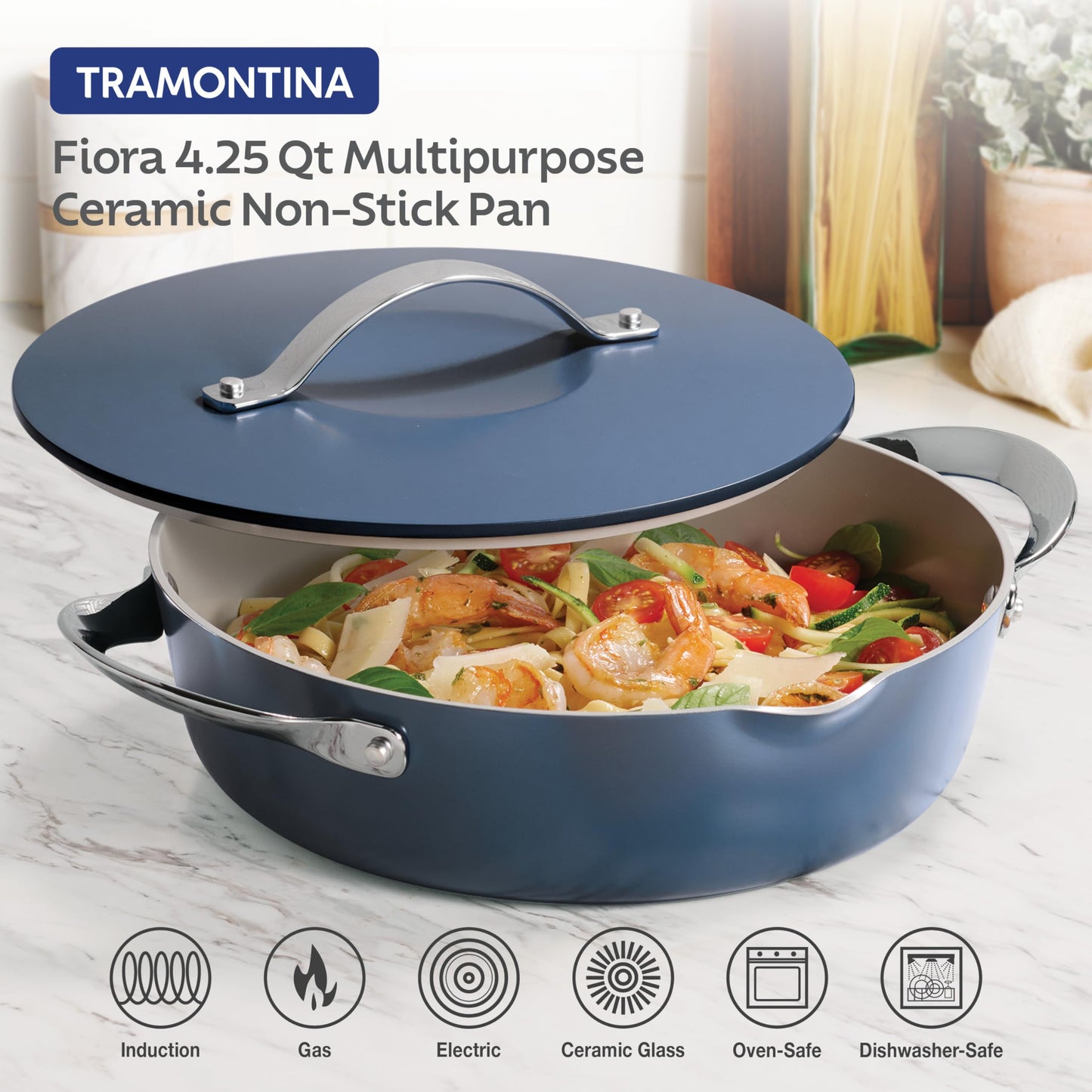 Tramontina Fiora 4.25-Quart Multipurpose Ceramic Non Stick Cooking Pan with Lid, Blue