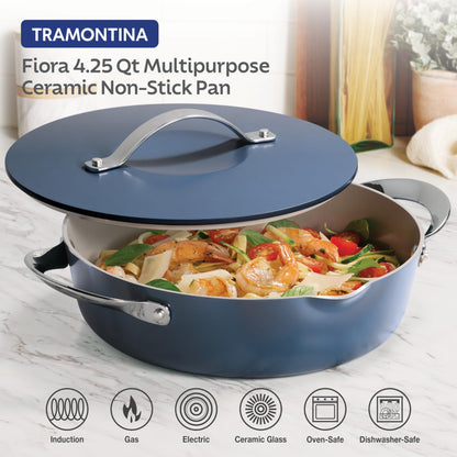 Tramontina Fiora 4.25-Quart Multipurpose Ceramic Non Stick Cooking Pan with Lid, Blue