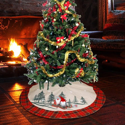 Juegoal 32-Inch Christmas Tree Skirt - Soft Red and Black Plaid with Gnome Design for Holiday Decor