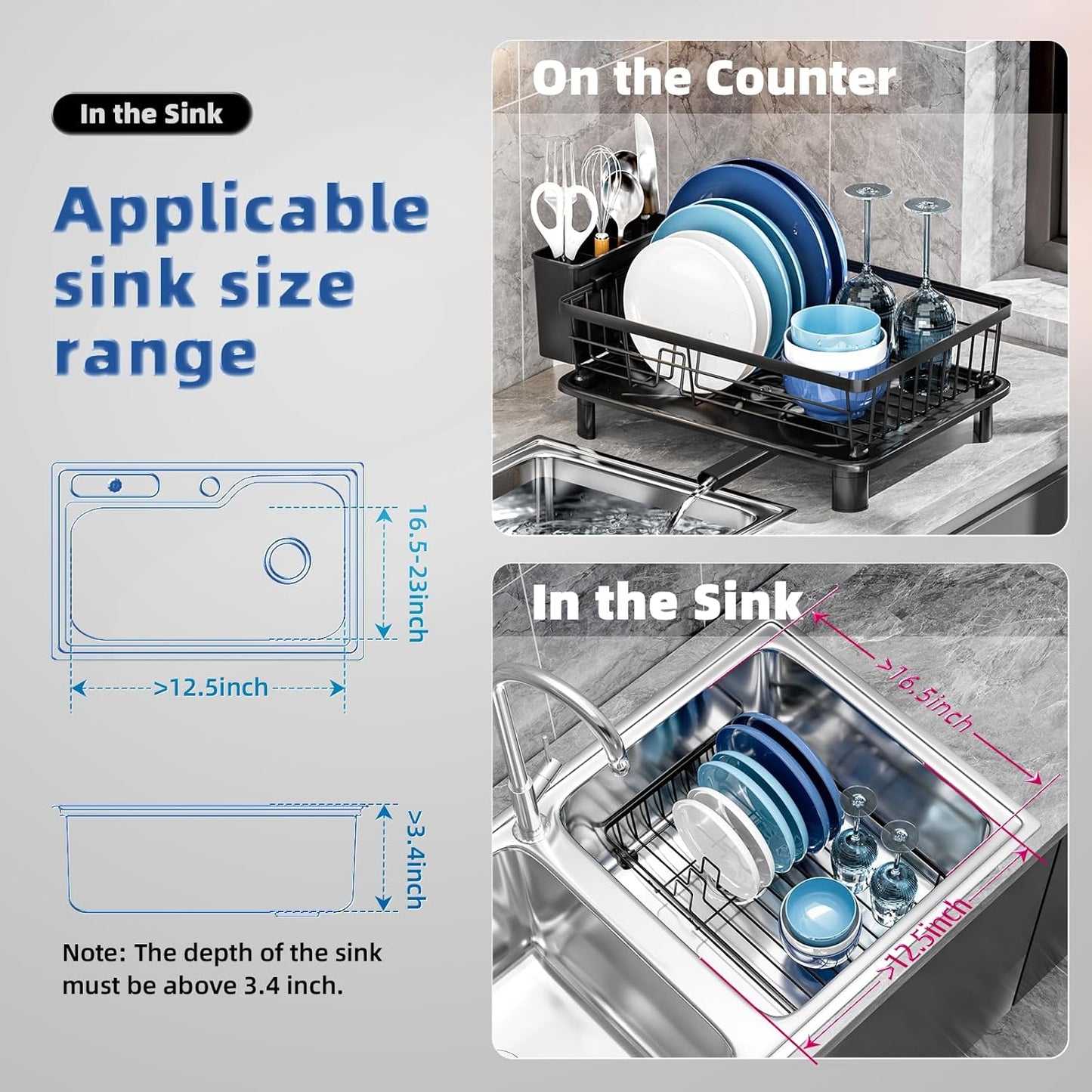 Skiennix Stainless Steel Dish Drying Rack - Removable Utensil Holder & New Drain Outlet | Black 11" W x 15" L