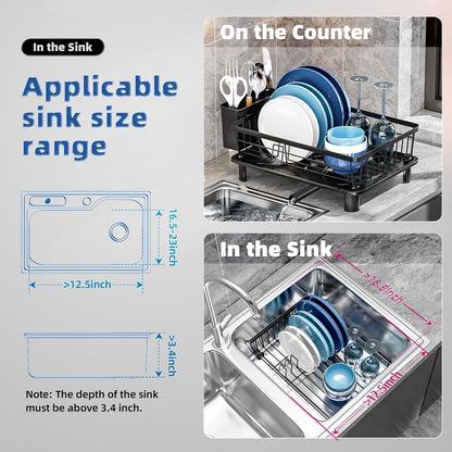Skiennix Stainless Steel Dish Drying Rack - Removable Utensil Holder & New Drain Outlet | Black 11" W x 15" L